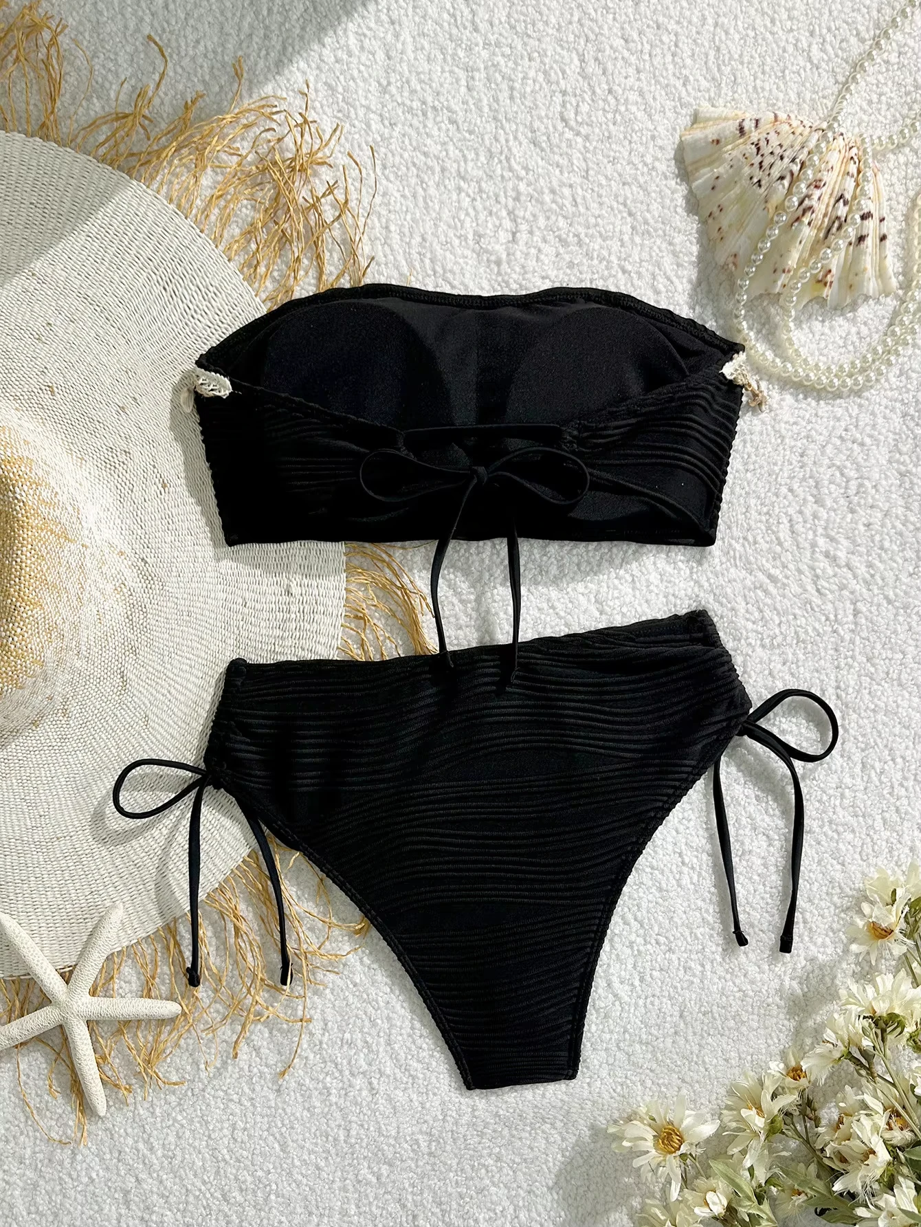 Sexy Bandeau Bikini Set 2026 Women Black Shell Starfish Push Up Drawstring Side High Waist Swimsuit Beach Bathing Suit Swimwear