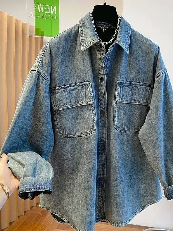 

plus Size Collar Denim Shirt Women's Autumn Winter Thickened Casual Versatile Outerwear Warm Long Sleeve Button up Shirt