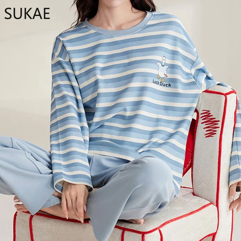 SUKAE Cute Cartoon Loungewear Women Autumn Spring Woman Pajama Set Homesuit Mujer Sleepwear Pullover Long Sleeves Girl Nightwear