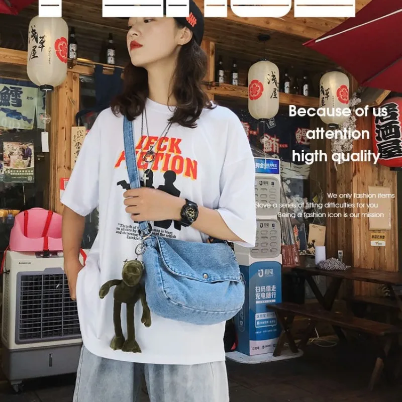 

Girls Casual Denim Messenger Bag Japanese Style Teenager School Book Bag Women Purse Crossbody Bag