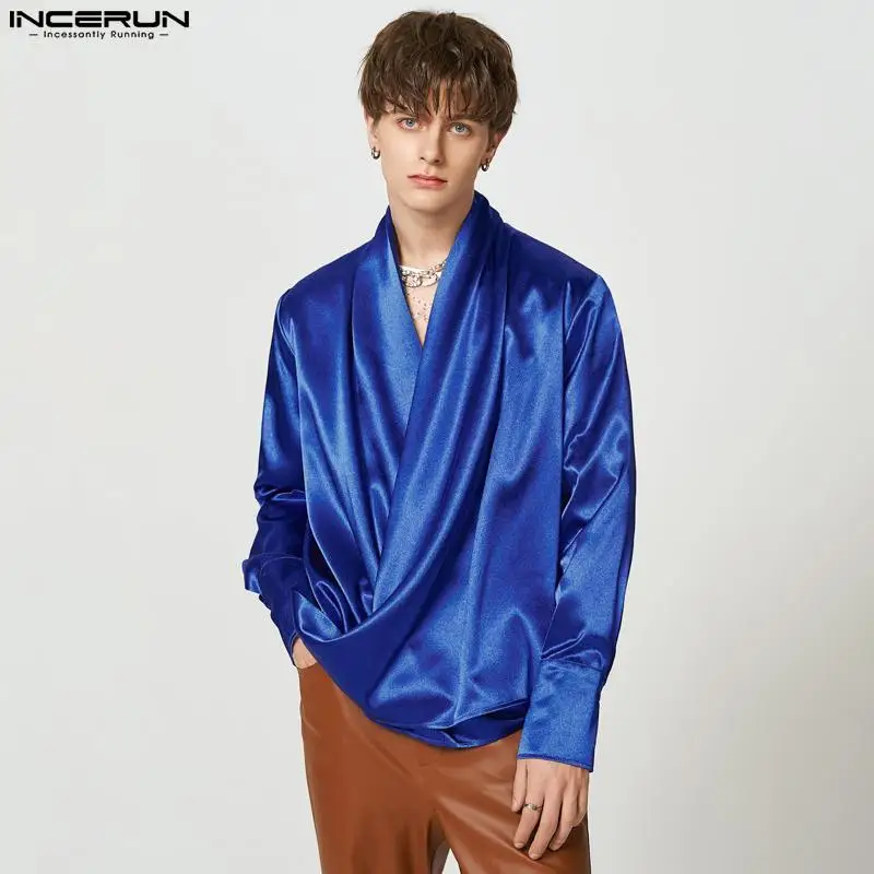 

Fashion Men Shirt Solid Color Satin V Neck Long Sleeve Streetwear Loose Camisa 2023 Casual Irregular Male Shirts S-5XL INCERUN 7