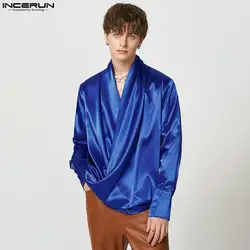 INCERUN-Camisa holgada de manga larga para hombre, Camisa de satén de Color sólido con cuello en V, ropa de calle informal Irregular, 2023, S-5XL