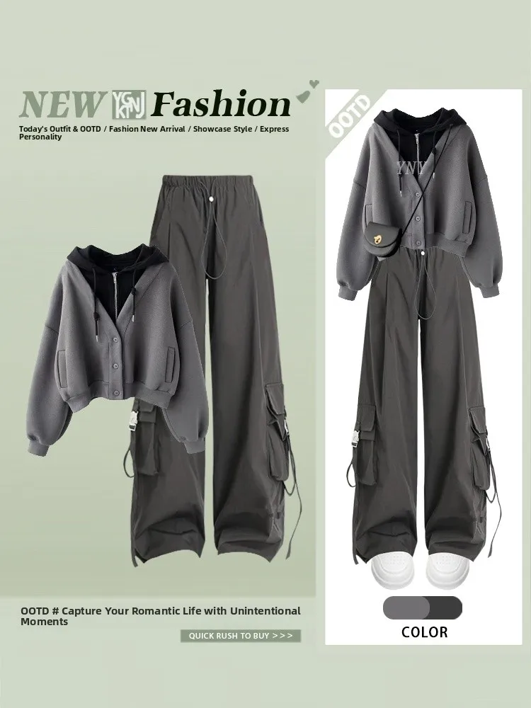 

Осенний повседневный корейский женский комплект со свободными брюками для спецодежды и толстовкой из двух предметов с эффектом похудения, ансамбль Faion