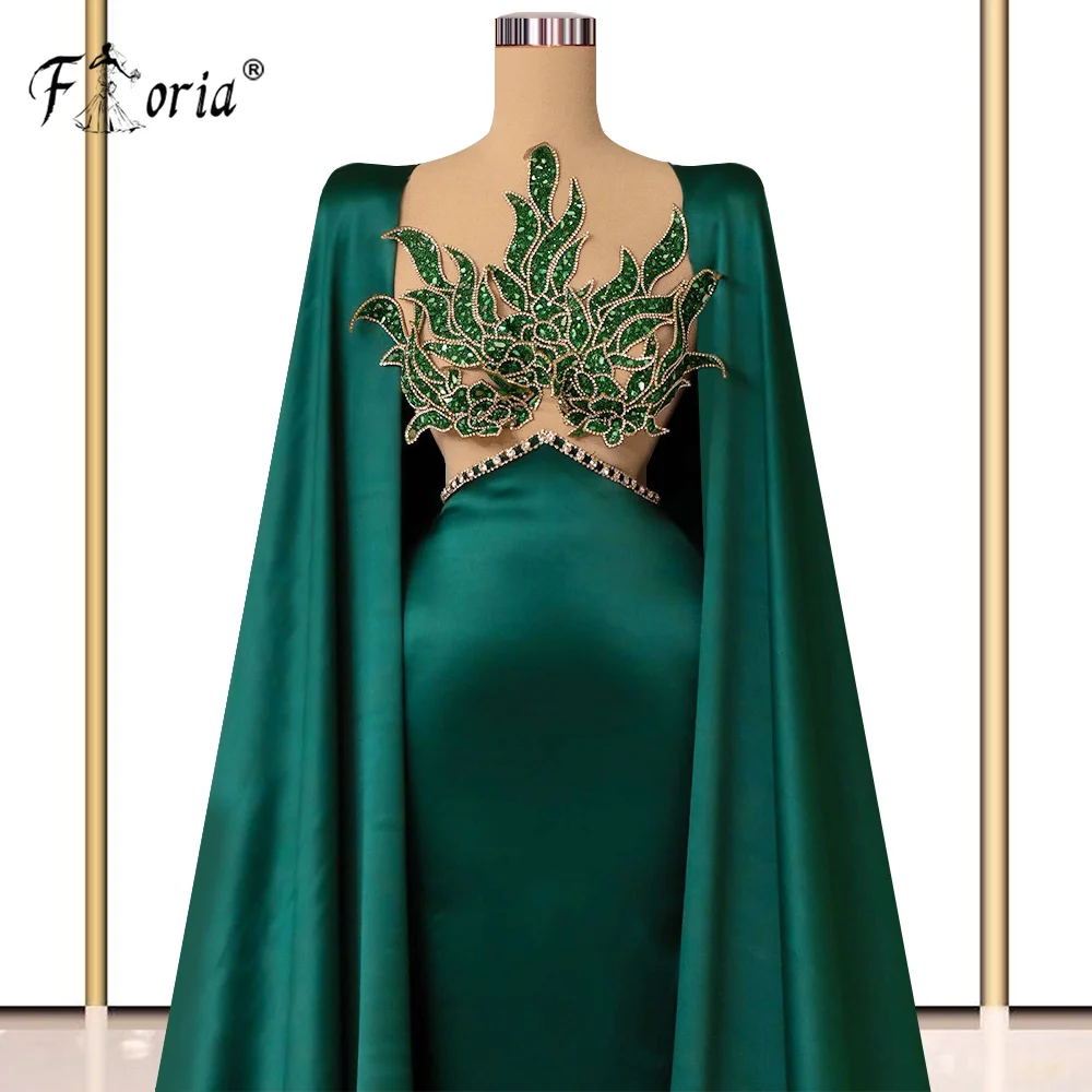 Abiti da sera formali a sirena verde scuro con mantello lungo abiti da festa di nozze in raso stile Vintage trasparente con perline di cristallo robes de soirée