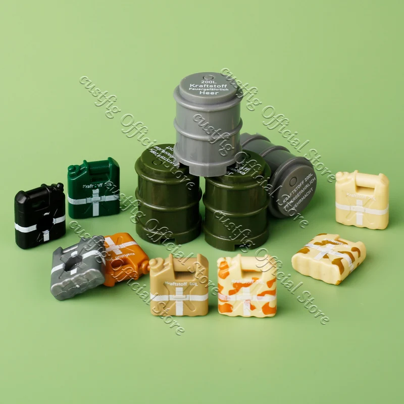 WW2 Military Oil Drum Fuel Tank Gas Station Scene Accessories Building Block Army Soldier Figures Obstacle Bottle DIY Bricks Toy