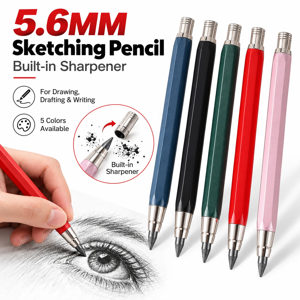 1Pcs 5.6mm Automatic Sketching Pencil or 2B 4B 6B 8B Leads,with Built-in Pencil Sharpener, For Painting, And Artistic Sketching