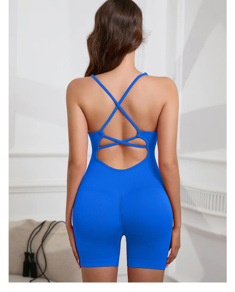 Sexy nahtloser pfirsichfarbener Hüft-Yoga-Overall – schnell trocknender, dehnbarer Strickstoff, abnehmbare Polster, gestreiftes Design, schmale Passform für Frauen – Detail 4
