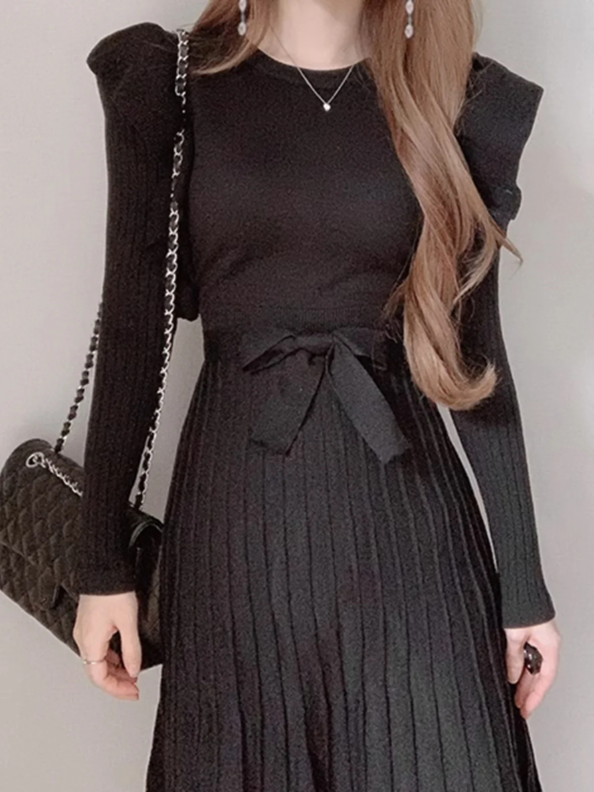 Vestido F de Tricô com Bainha de Renda cada, Cintura Marcada com Cinto, Camada Base, Saia Midi, Estilo Coreano, Go...