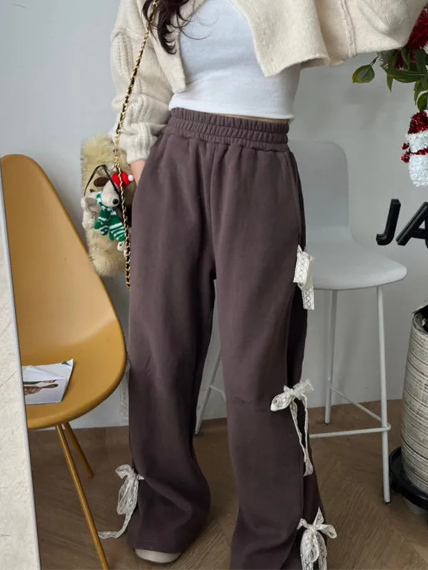 2026 Korean Style Women's Fleece Lined Sweatpants Elastic Waist Side Panel Trimmed Casual Cotton Polyester Comfortable Fit