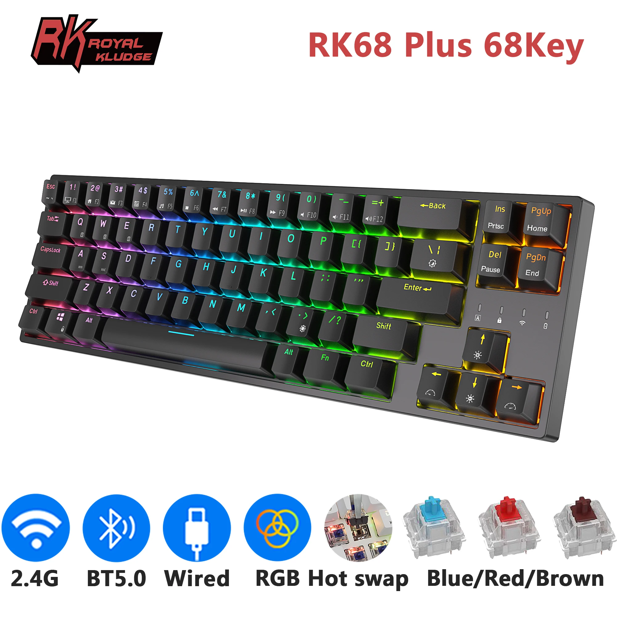 

RK871/RK68 Plus 2,4G Беспроводная механическая клавиатура Bluetooth 68 клавиш 65% RGB-подсветка Игровая клавиатура с возможностью горячей замены Royal Kludge