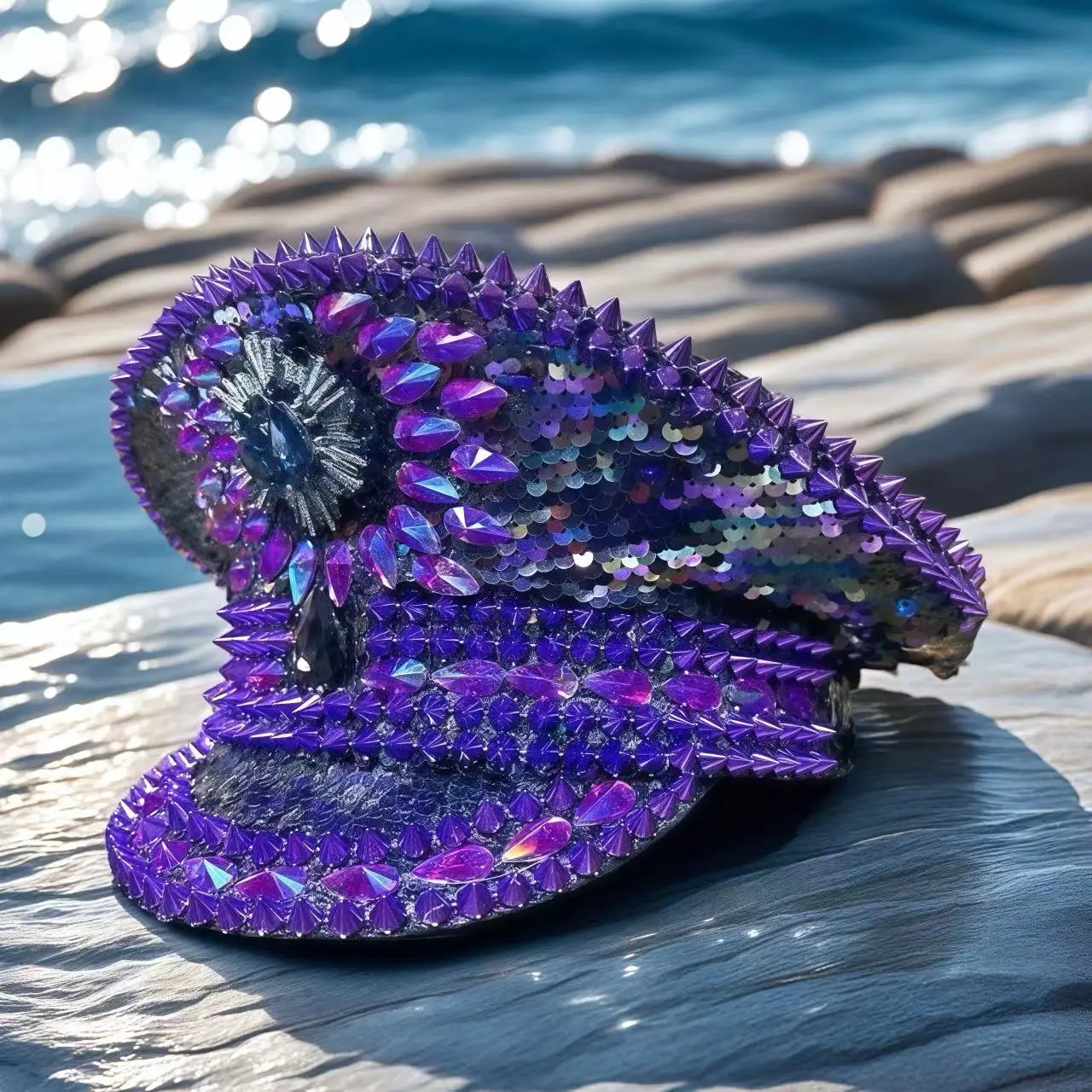 HongLuan Purple Bling Captain Hat Rhinestone for Woman | Steampunk Military Cap for Burning Man Music Festivals Accessories