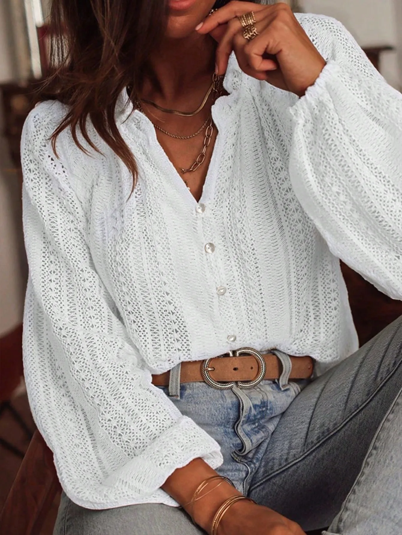

2025 Spring and Autumn New Loose Fashion Versatile Hollow Lace V-neck Single breasted Long sleeved Shirt