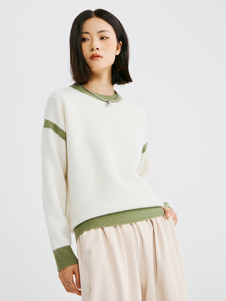 

Woman Clothing 100%Merino Wool Knitwear Autumn Winter Round Neck Pullover Sweater Contrasting Color Casual Loose Boyfriend Tops