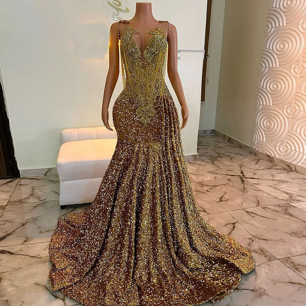 

Luxury Gold Prom Dresses 2K25Rhinestones Evening Robe Sequins Party Dress For Special Occasions Birthday Gowns Customized