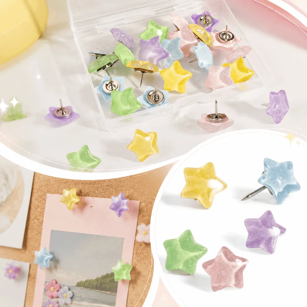 Puntine Decorative Lucide con Superficie Glitterata, Puntine Multicolore in Metallo Solido con Glitter, Puntine a Stella a Cinque Punte con Testa in Plastica Resistente