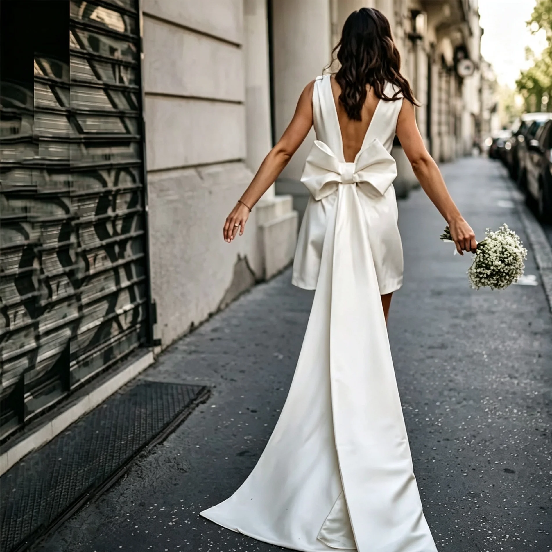 Sleeveless Deep V Back Short Wedding Dress Big Bow Detachable Long Train Satin Mini Bridal Gown Civil Elopement Reception Party