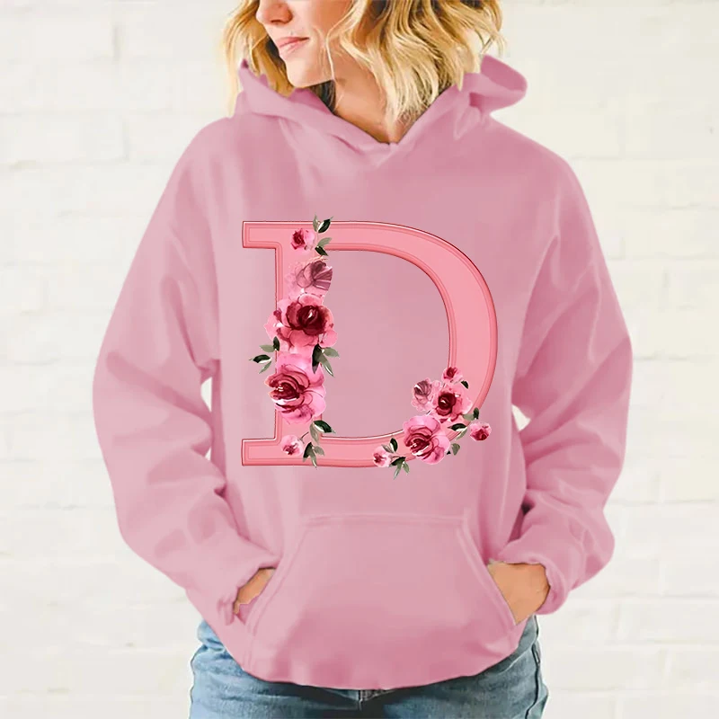 Sudadera con capucha para mujer y niña, jersey de manga larga con estampado de flor del alfabeto D, holgado e informal, a la moda, novedad