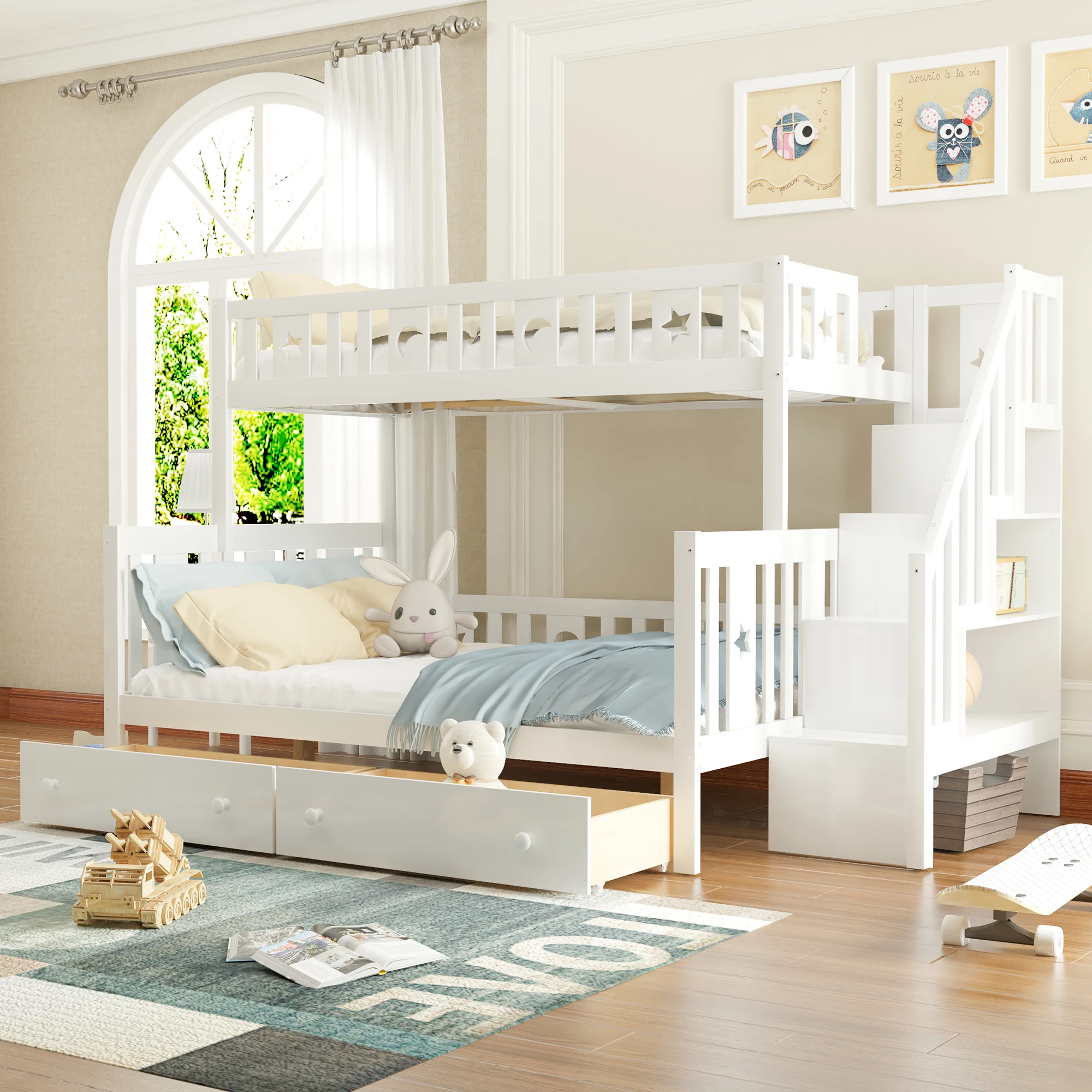 Children's bed 90x200/140x200 cm, solid wood bunk bed with safety stairs, two large drawers and slatted frame, White