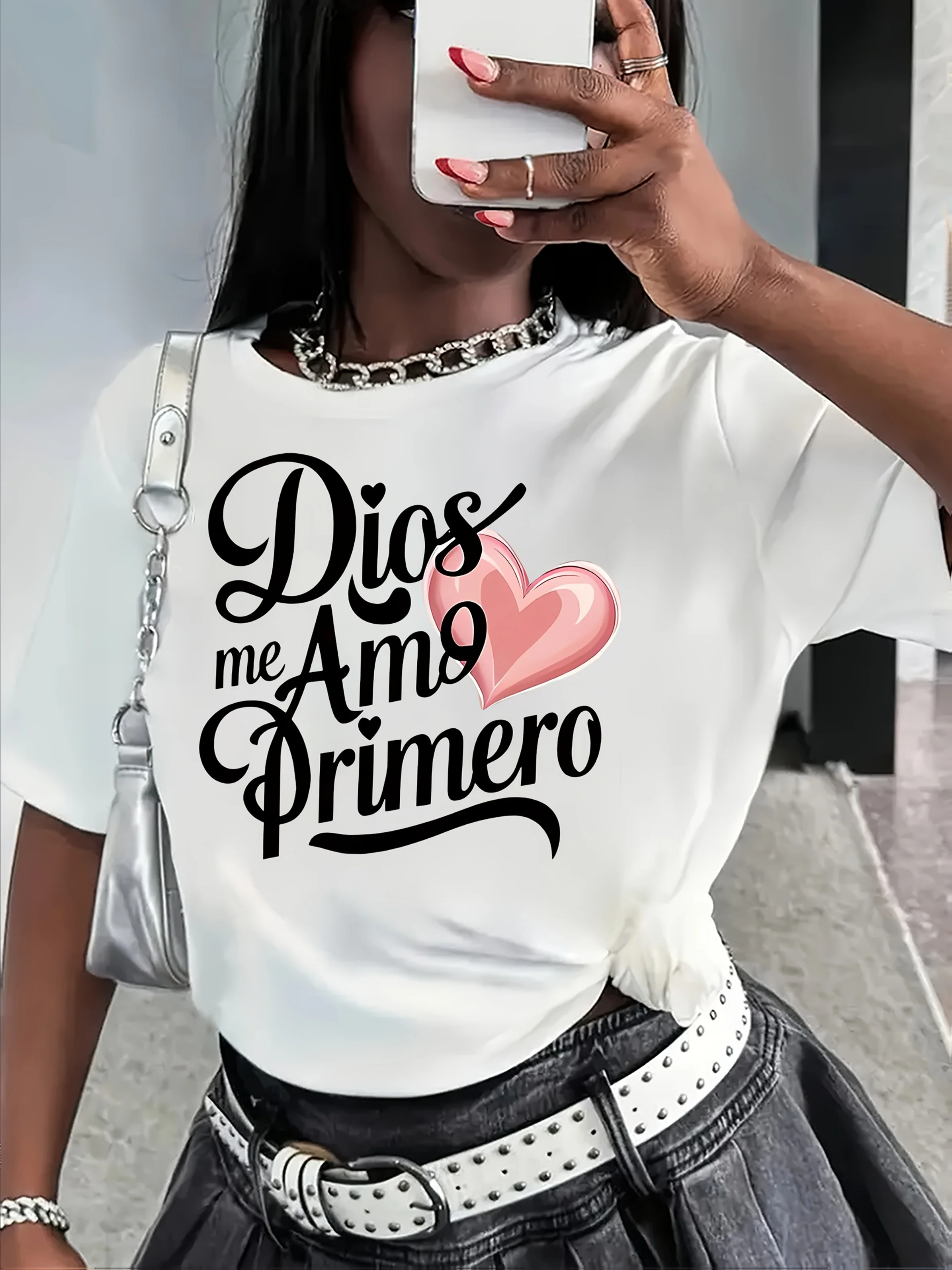 قميص نسائي كاجوال برقبة دائرية وأكمام قصيرة مطبوع عليه حروف حب وردية للربيع والصيف #1