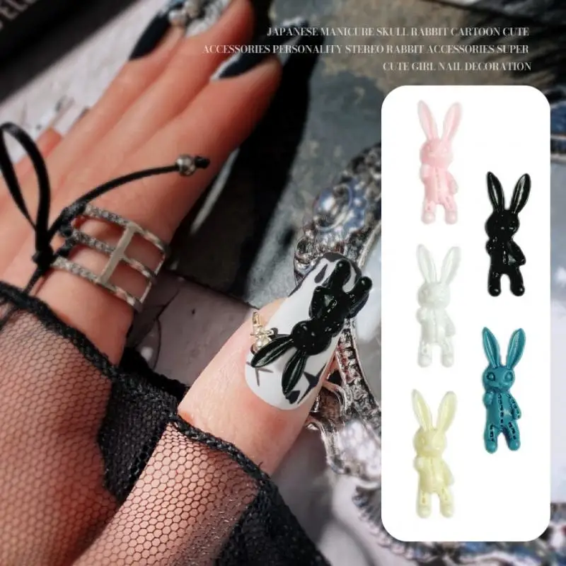 50PCS Cartoon Cute Long Eared Rabbit Resin Nail Charms Solid Color Lines Rabbit Nail Art Decorations for DIY Phone Case Nails