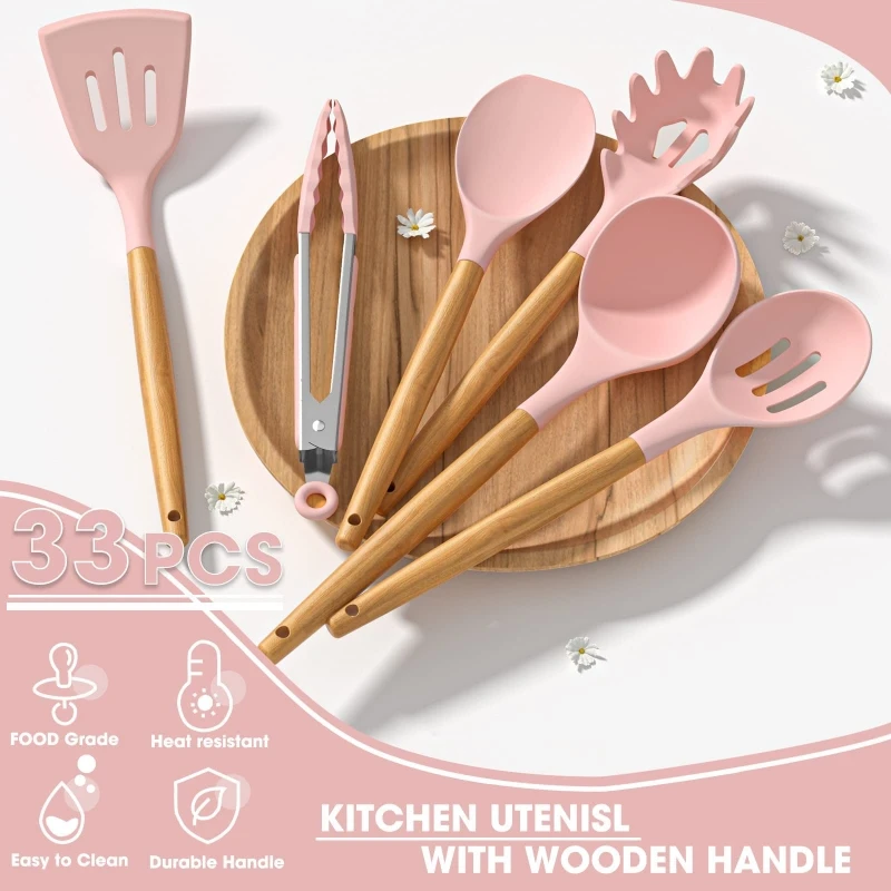 

Kitchen Cooking Utensils Set,Non Stick Silicone Cooking,Spatula Set,Wooden Handle Kitchen Gadgets Cutlery Set