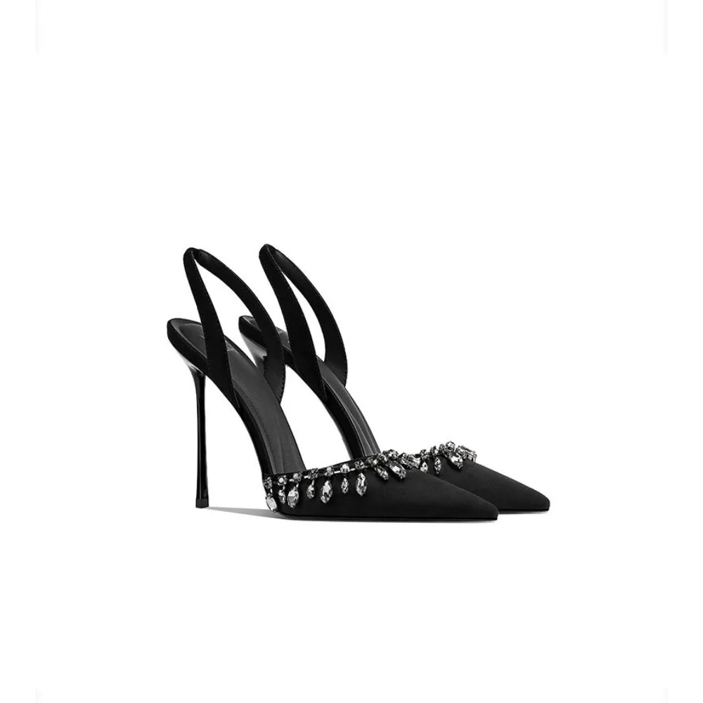Spring Summer New Women's Black Rhinestone Pointed Toe Thin Heel Backless Open Heel Sandals Elegant Niche Versatile
