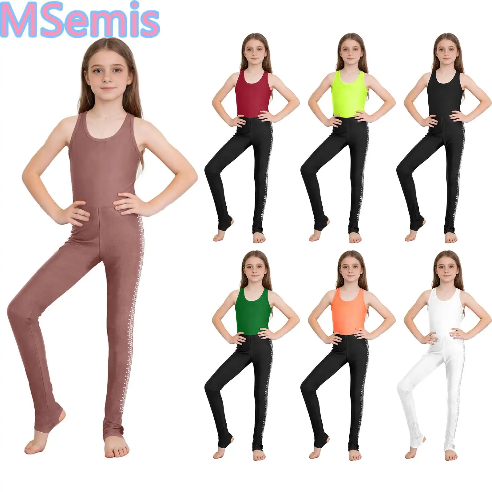 

Kids Girls Gymnastics Dance Jumpsuit U Neck Shiny Rhinestones Color Block Stirrup Style Bodysuit for Performance