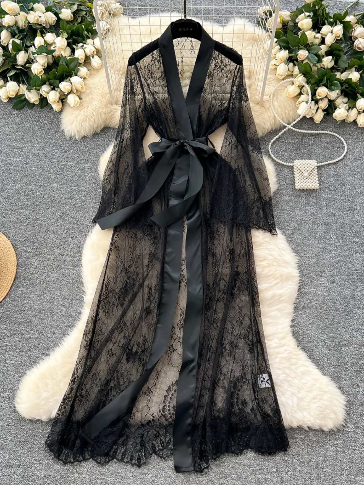 

2026 New Autumn Women Sexy Elegant Flared Sleeve Lace Cardigan Solid Color Bow Lace Up Loose Casual Long Thin Tops