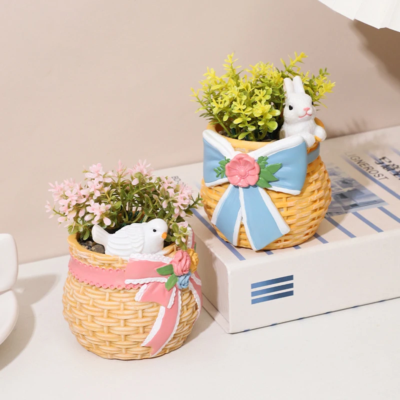 

Набор из 2 мини-тканых горшков с галстуками-бабочками и милыми статуями животных — цветочные горшки из смолы для суккулентов и небольших комнатных растений