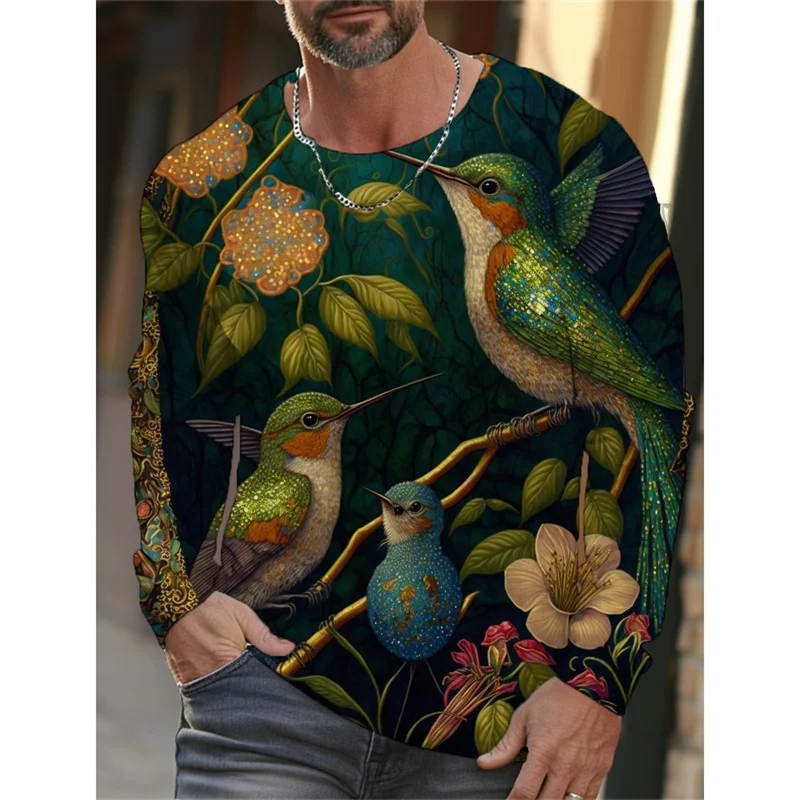 남성용 3D 프린트 재미있는 새 티셔츠, 다채로운 동물 패턴 티, 가을 캐주얼 라운드 넥 상의, 느슨한 긴 소매 티셔츠
