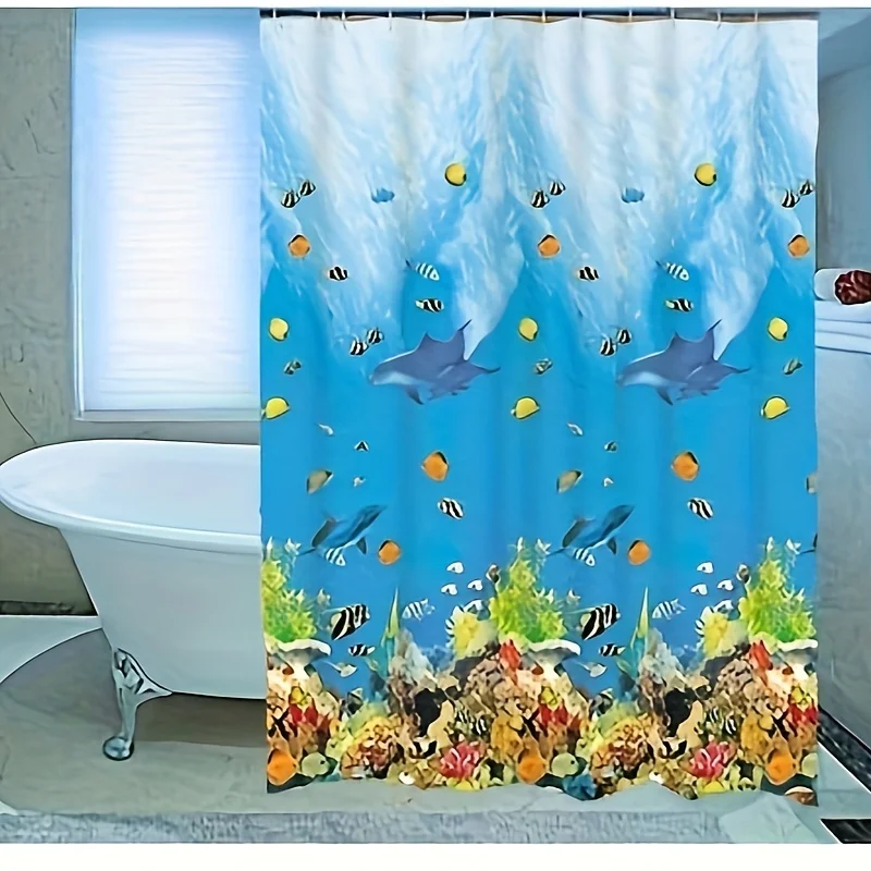 1pc Ocean Fish Pattern With Hooks, Waterproof Shower Curtain, Partition, Bathroom Accessories, Home Deco