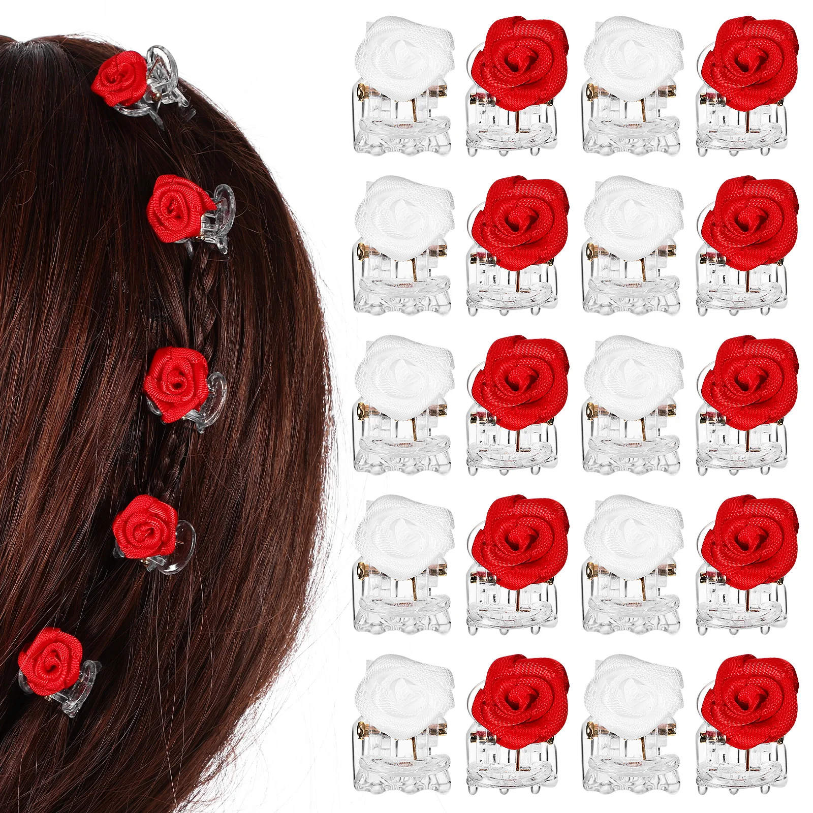 

20pcs Small Clips Tiny Barrettes 10White 10Red Plastic Clamps Tiny Barrettes Rose Shape Durable For Prom Wedding