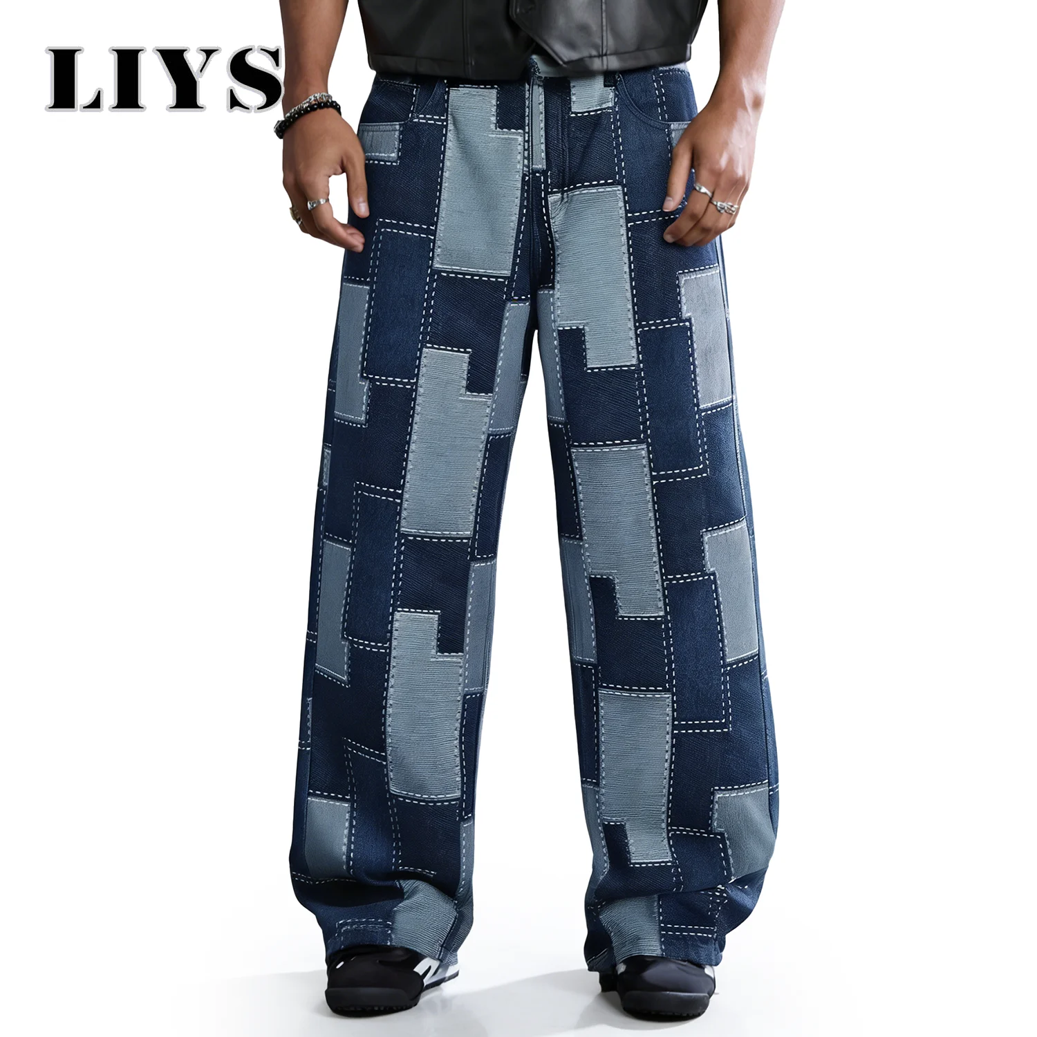 LIYS Spring Summer Comfortable Baggy Wide Leg Jacquard Jeans Casual Fashion Pixel Pattern Street Denim Pants Korean Unisex Pants