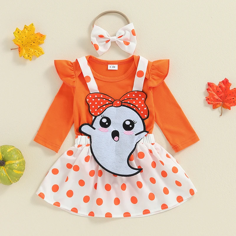 Baby Girls Halloween Set Long Sleeve Romper Ghost Suspender Skirt Bow Headband Clothes