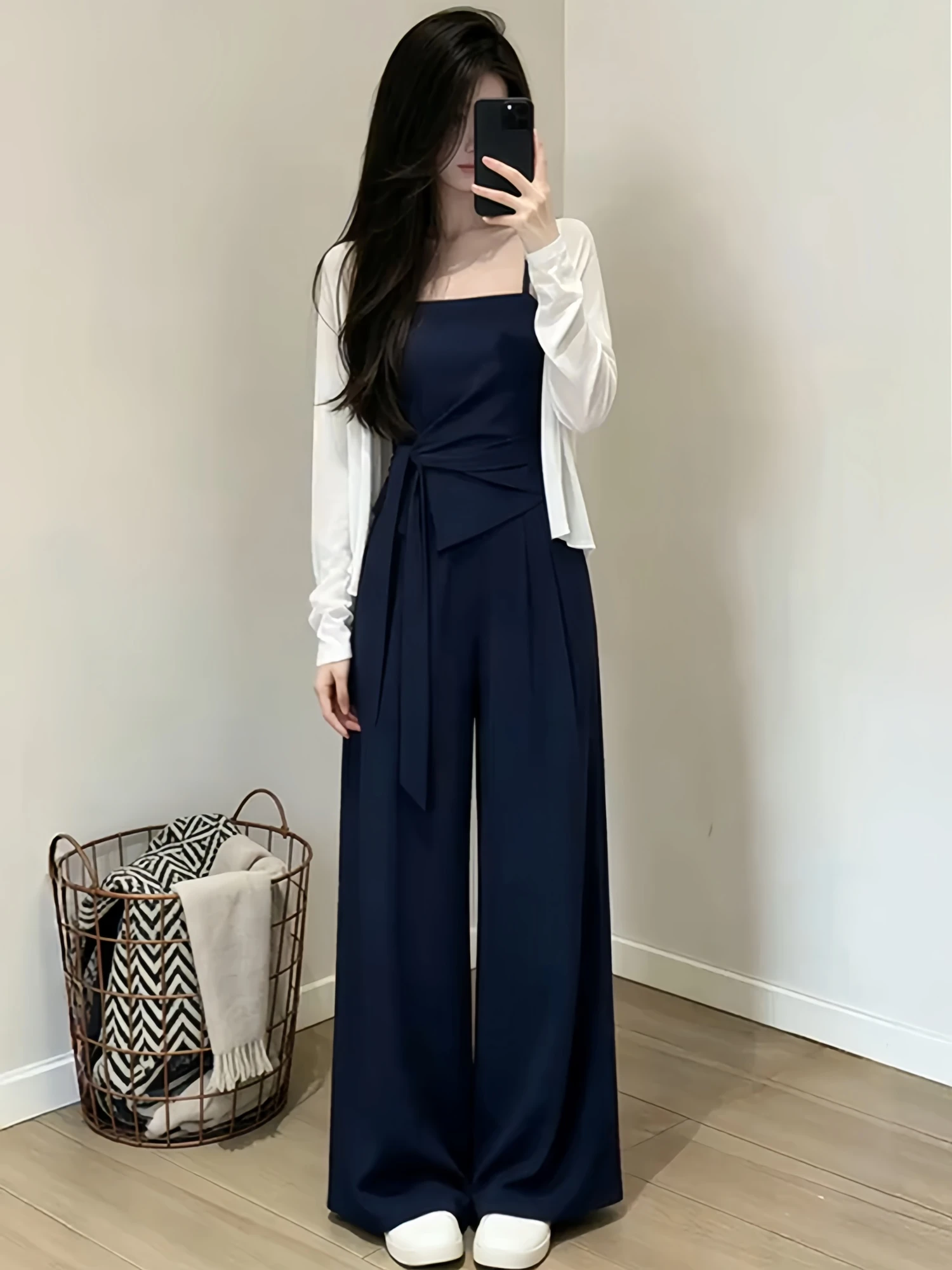 

Summer Fashion Anti-Aging Casual Cardigan Strap Wide Leg Pants Three-Piece Set High Waist Loose Fit Short Sleeve High Neck