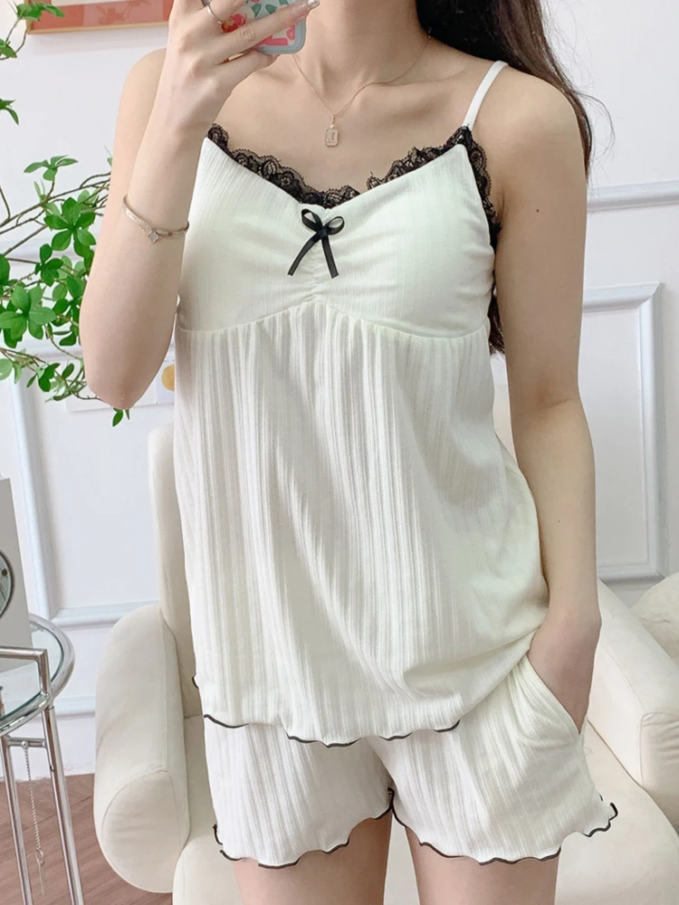 Sleeveless Pajama Sets Women Summer Lace Bow Design Aesthetic Home Casual Korean Style All-match Sleepwear Breathable Dormitory