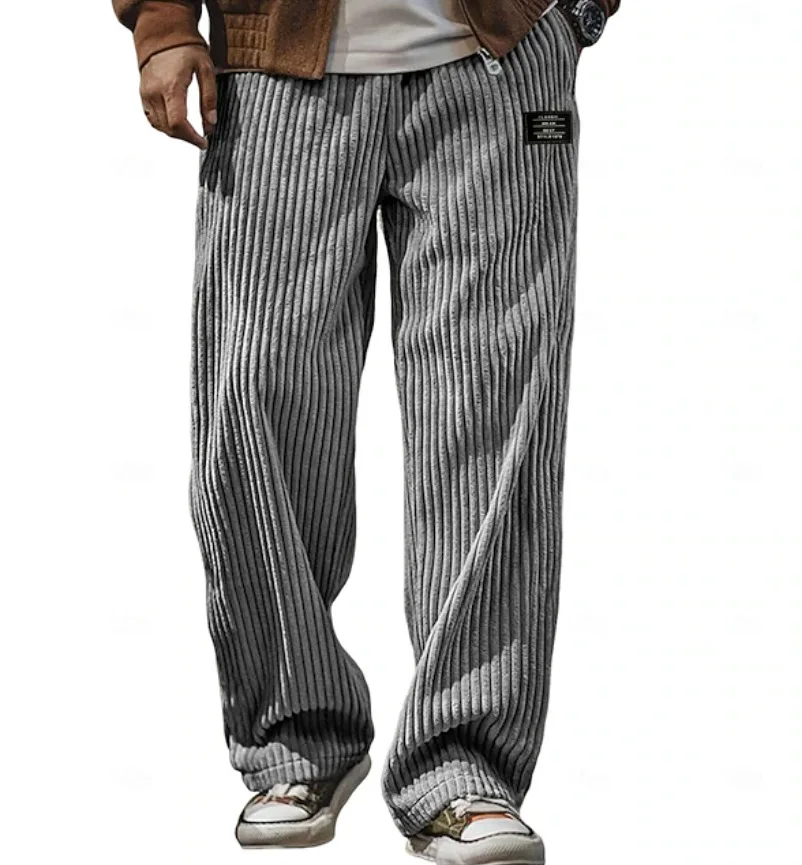 2026 Retro Vertical Striped Men's Pants Corduroy Casual Pocket Trousers Loose Baggy Pants Straight Sweatpants Outdoor Streetwear