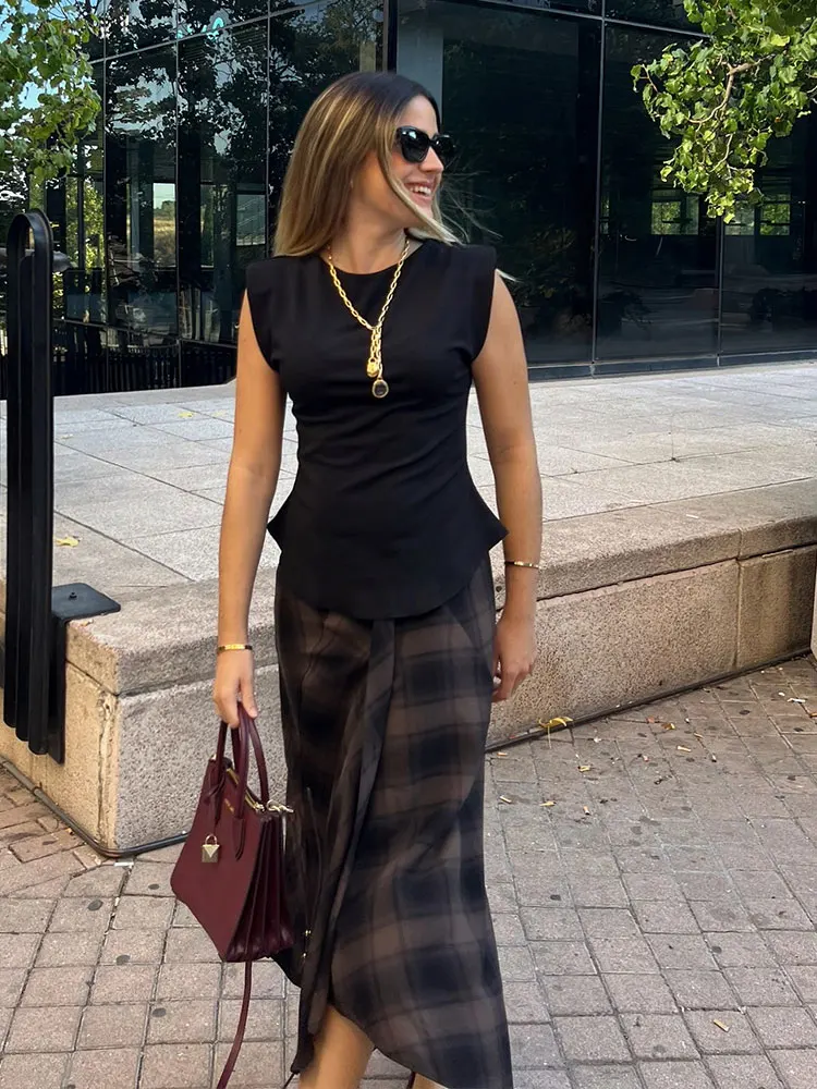 

HH Autumn Women's Plaid Print Pleated Design Asymmetric Midi Skirt A-line High Waist Side Zipper Vintage Versatile Skirts