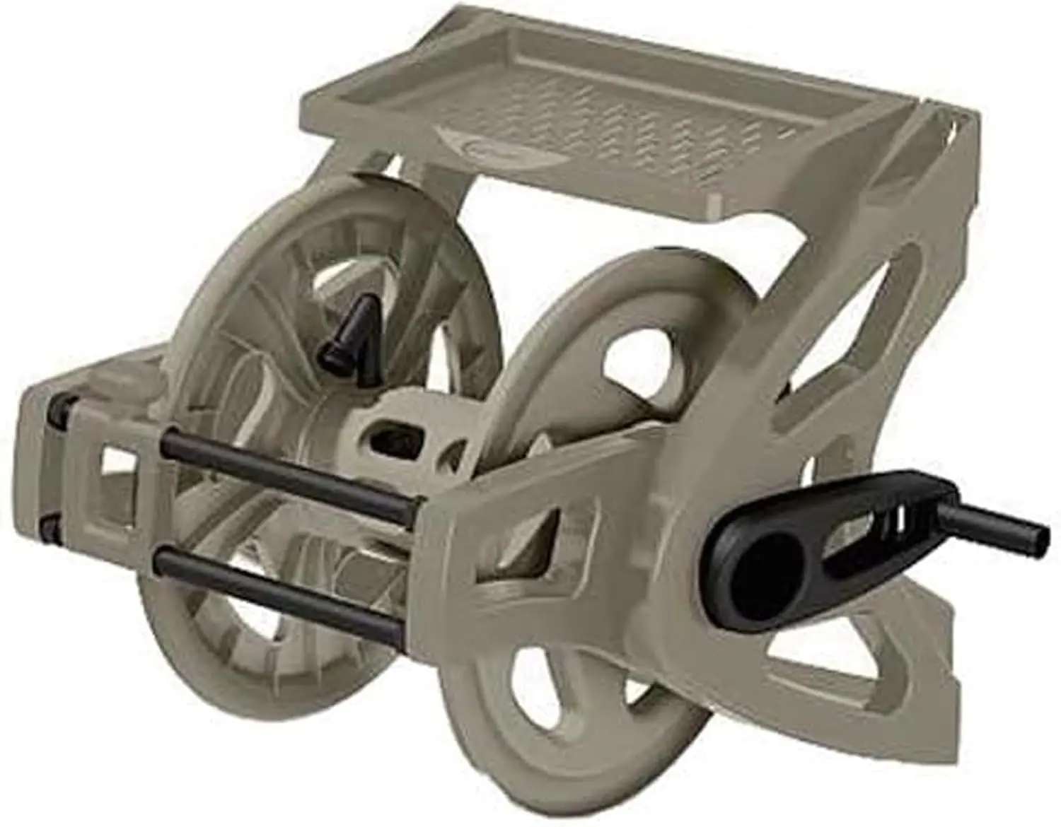 Slide Trak Garden Hose Reel, Wall-Mount Holder with Storage Tray, Dark Taupe - Outdoor Mounted Organizer for 175 Ft of 5/8