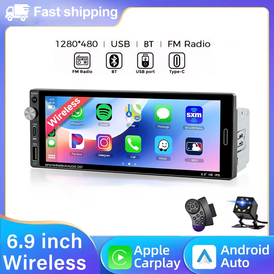 

Автомагнитола 1DIN 6.9'' с CarPlay и Android Auto, беспроводная/проводная, универсальная, MP3/MP5, мультимедиа, FM-стерео, USB Type-C, быстрая зарядка