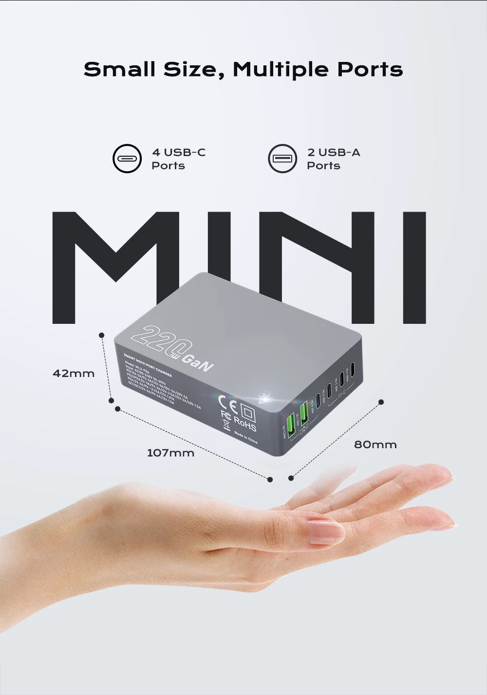 220 W GaN Desktop-Ladegerät 6-Ports PD 100 W USB Typ C QC 3.0 Schnellladestation für IPhone 16 Pro Tablet MacBook Samsung Laptop – Detail 10