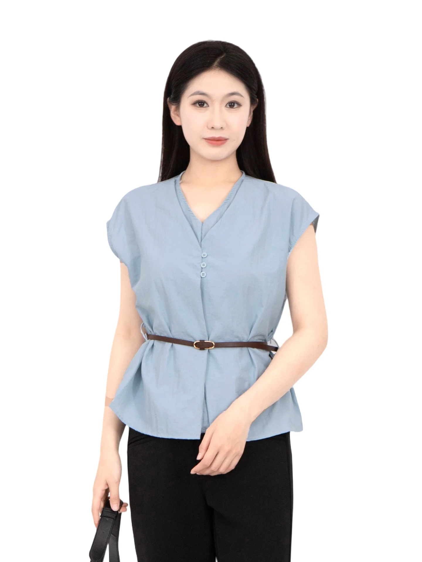 

Elegant plus Size Shirt Fake Two-Piece Long Sleeve Women's Top Belted Summer 2026 Clean Fit Polyester V-Neck Button-Up Casual...