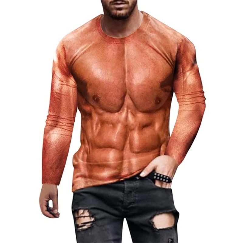 Funny Fake Muscle Body 3D Printed T-shirt Fashion Casual Long Sleeve T Shirt Halloween Cosplay Men Women Tops Streetwear Cheap