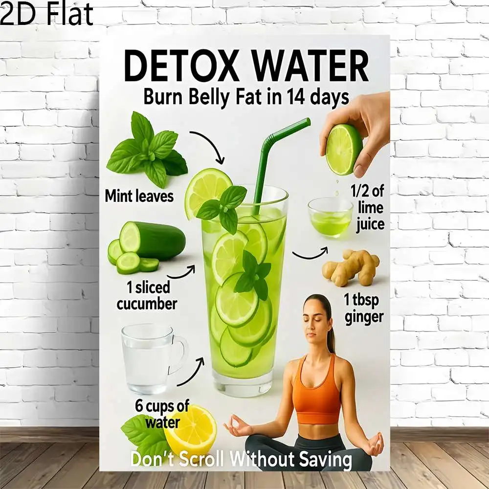 2D Flat, 2D Flat, 2D Flat 1pc, Detox Water Recipe Infographic Burn Belly Fat in 14 Days Health Guide Frameless Canvas Artwork
