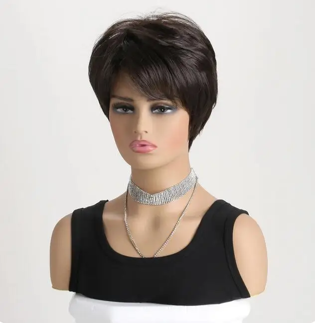 Perruques de cheveux synthétiques bruns avec frange pour femmes noires, coupe courte, fête, utilisation 03, degré de chaleur