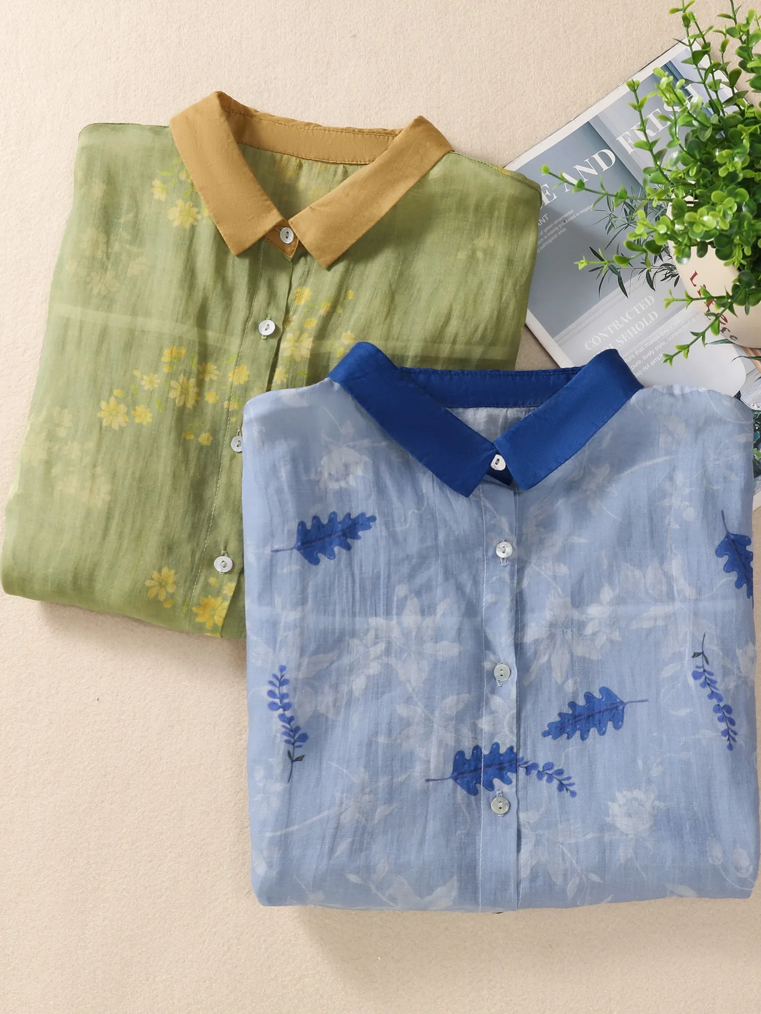 Retro Contrast Color Collar Printed Cotton Linen Women's Summer Thin Casual irt Meat Covering Top Versatile Loose Fit