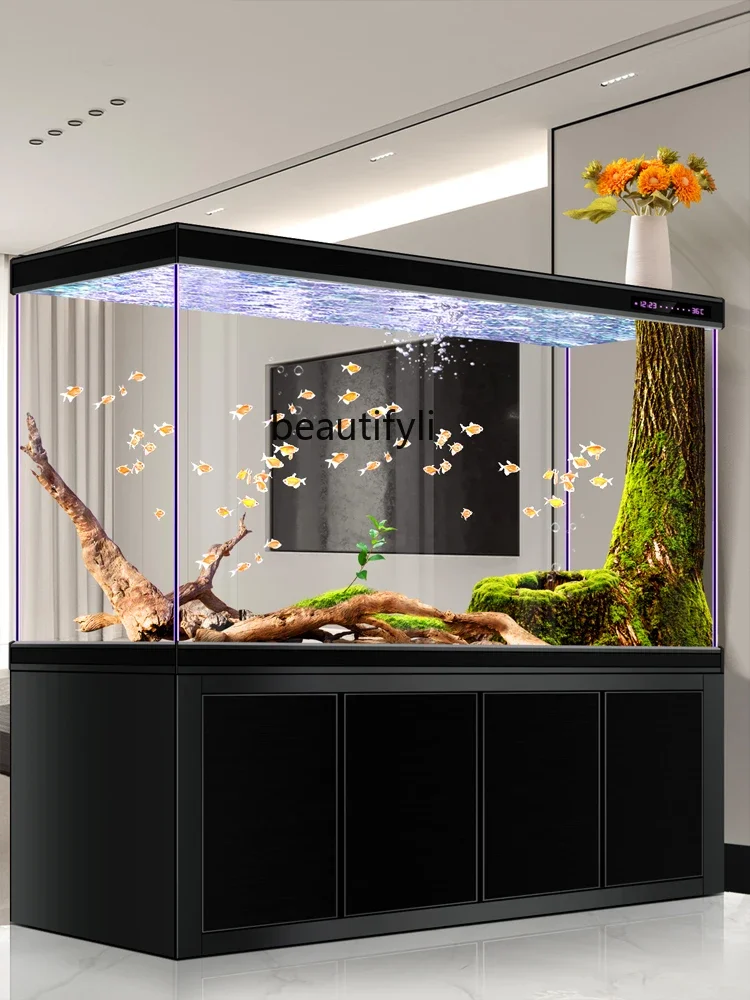 Floor-to-ceiling fish tank living room large bottom filter water-free partition ultra-white dragon fish tank aquarium