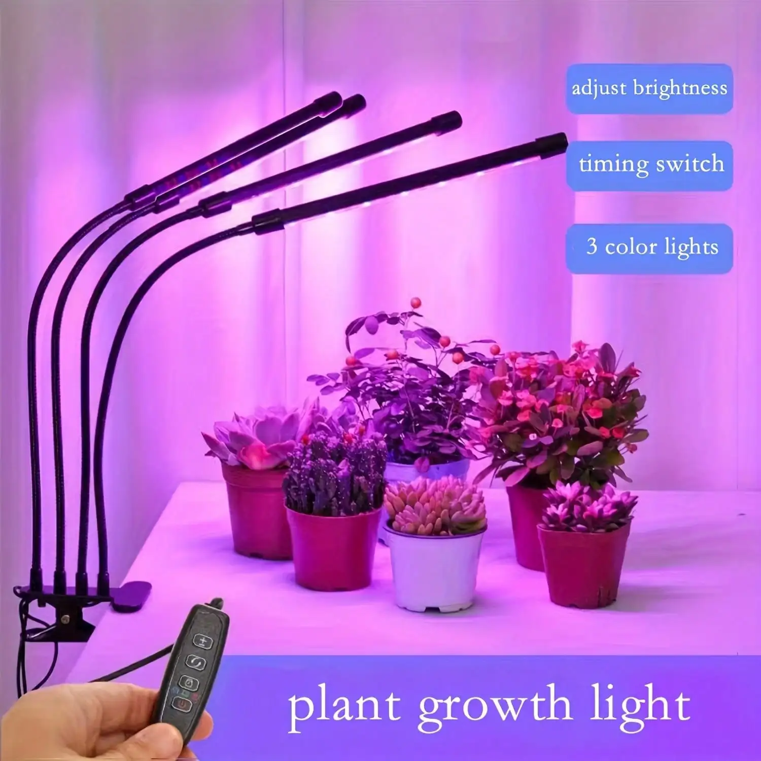 توقيت USB يعتم ضوء LED بأربعة رؤوس للنمو. الطيف الكامل 3-وضع - إضاءة نباتية داخلية تجارية لنمو صحي.