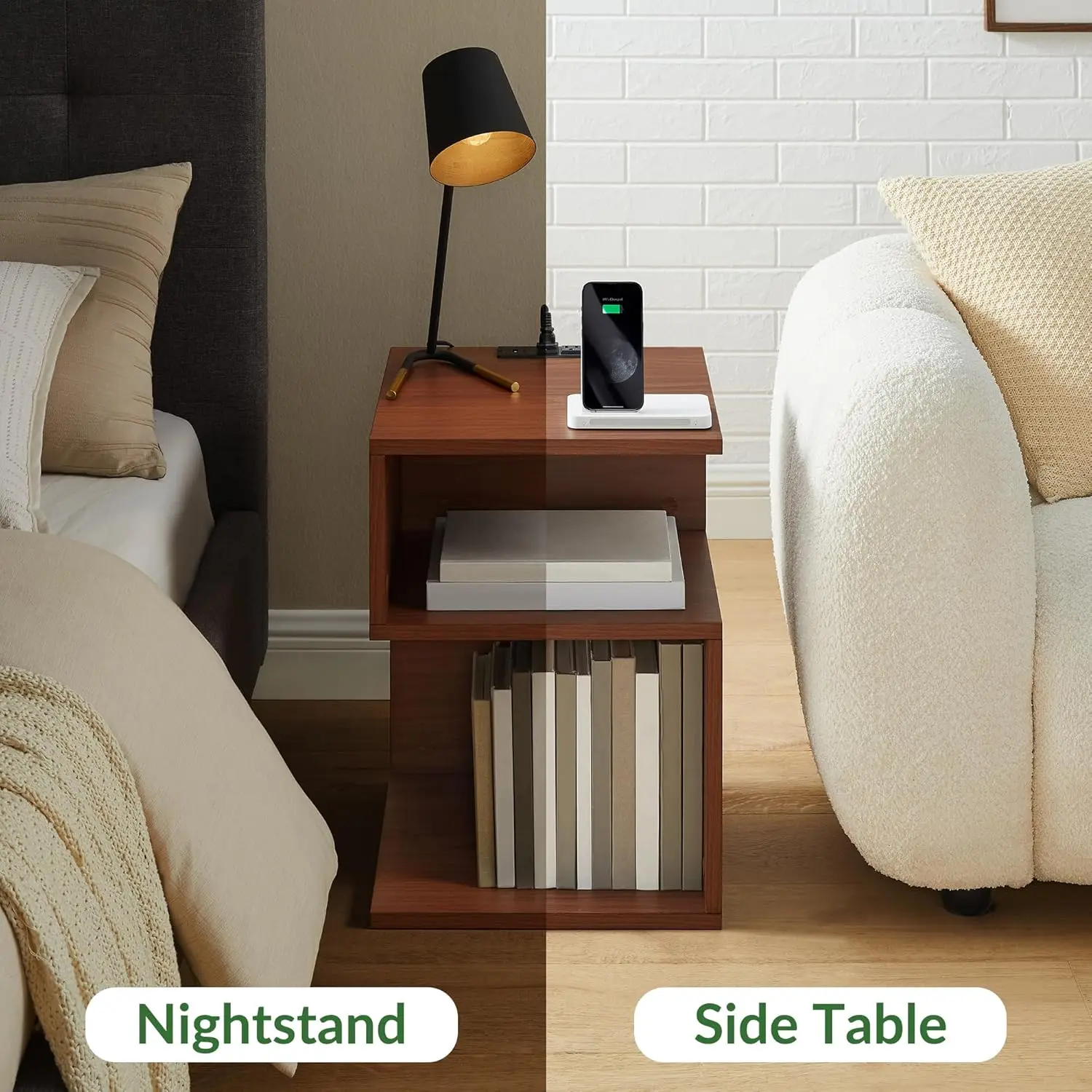 Night Stand Set of 2 for Bedroom Beside Table with Charging Station Wood Nightstand with Storage, End Table with USB Ports