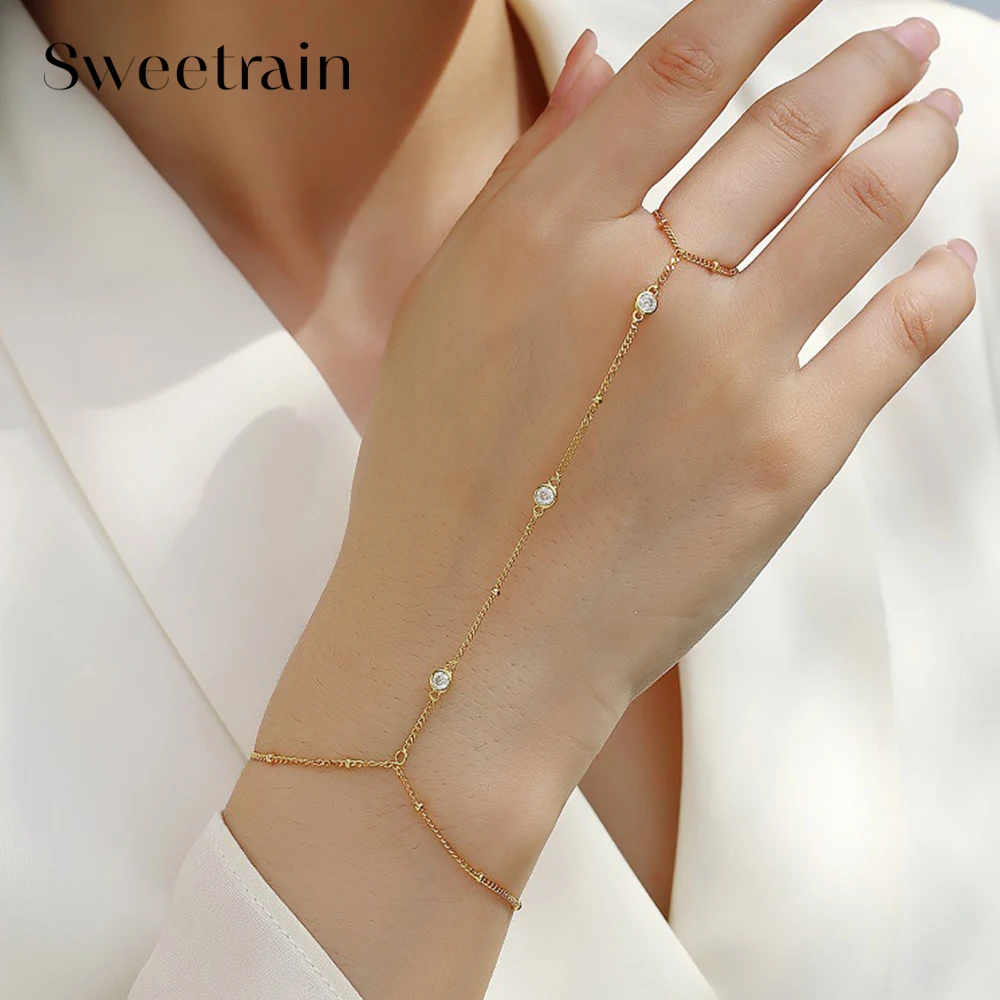 Sweetrain 3MM Moissanite Bracelets for Women 925 Sterling Silver Adjustable Chain Finger Bracelet Plated 18K Wholesale Jewelry